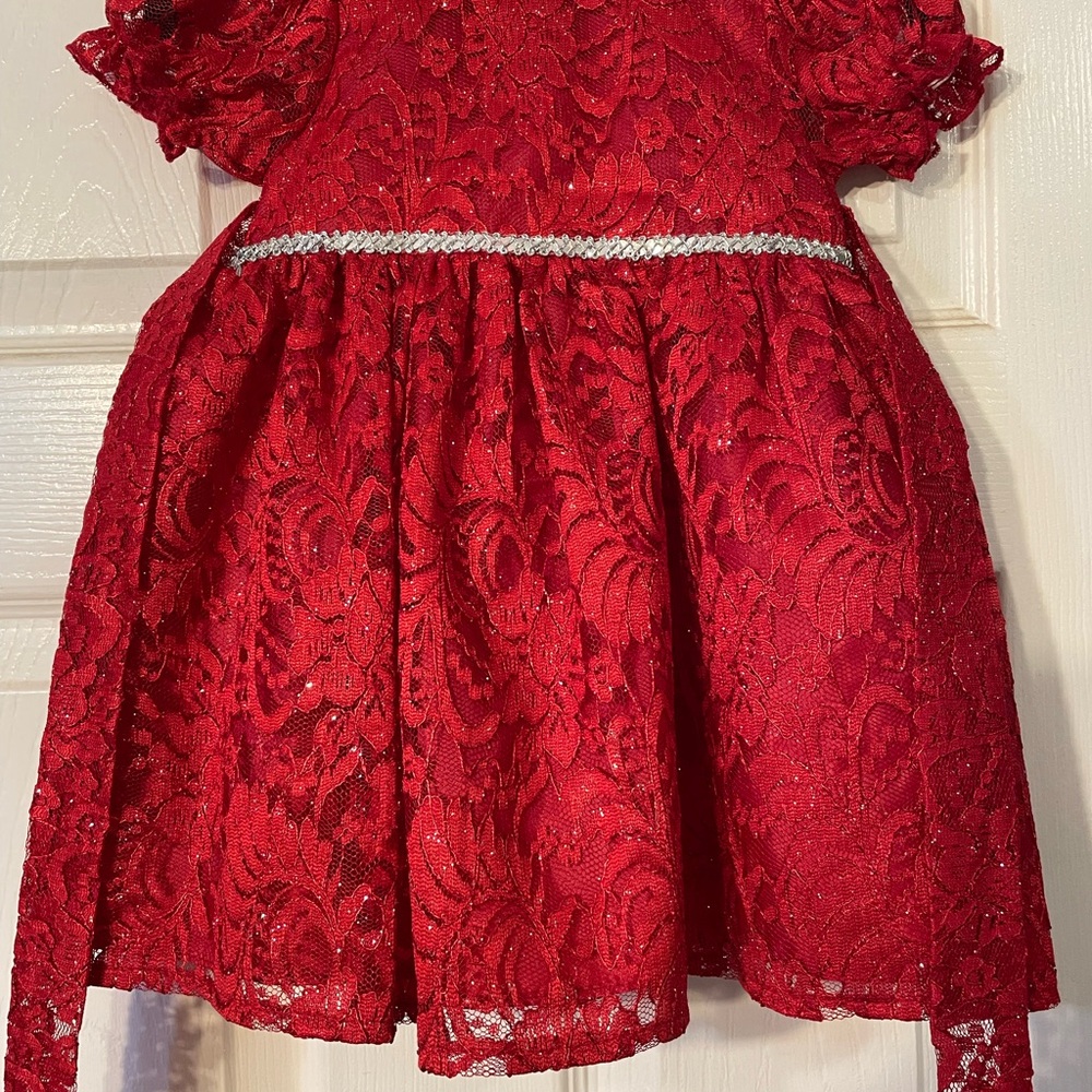 Girls' Red Lace Party Dress with Silver Trim